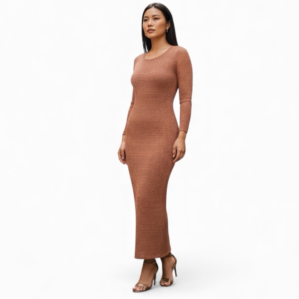 NWOT Connected Long Sleeve Lace Maxi Dress | Neutral Tan Knit Slip Lined Size 10